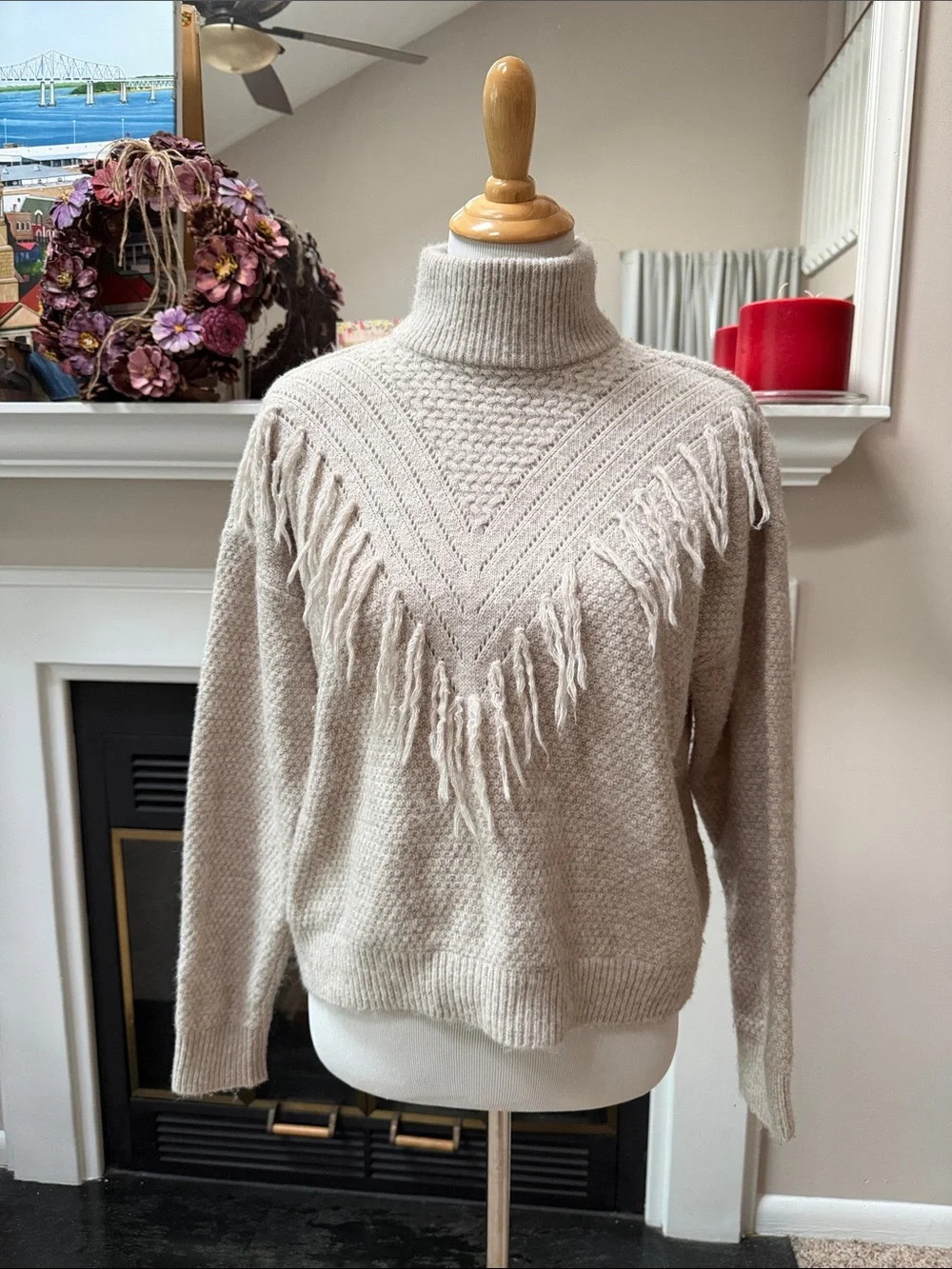 a.n.a Cream Fringe Turtleneck Sweater